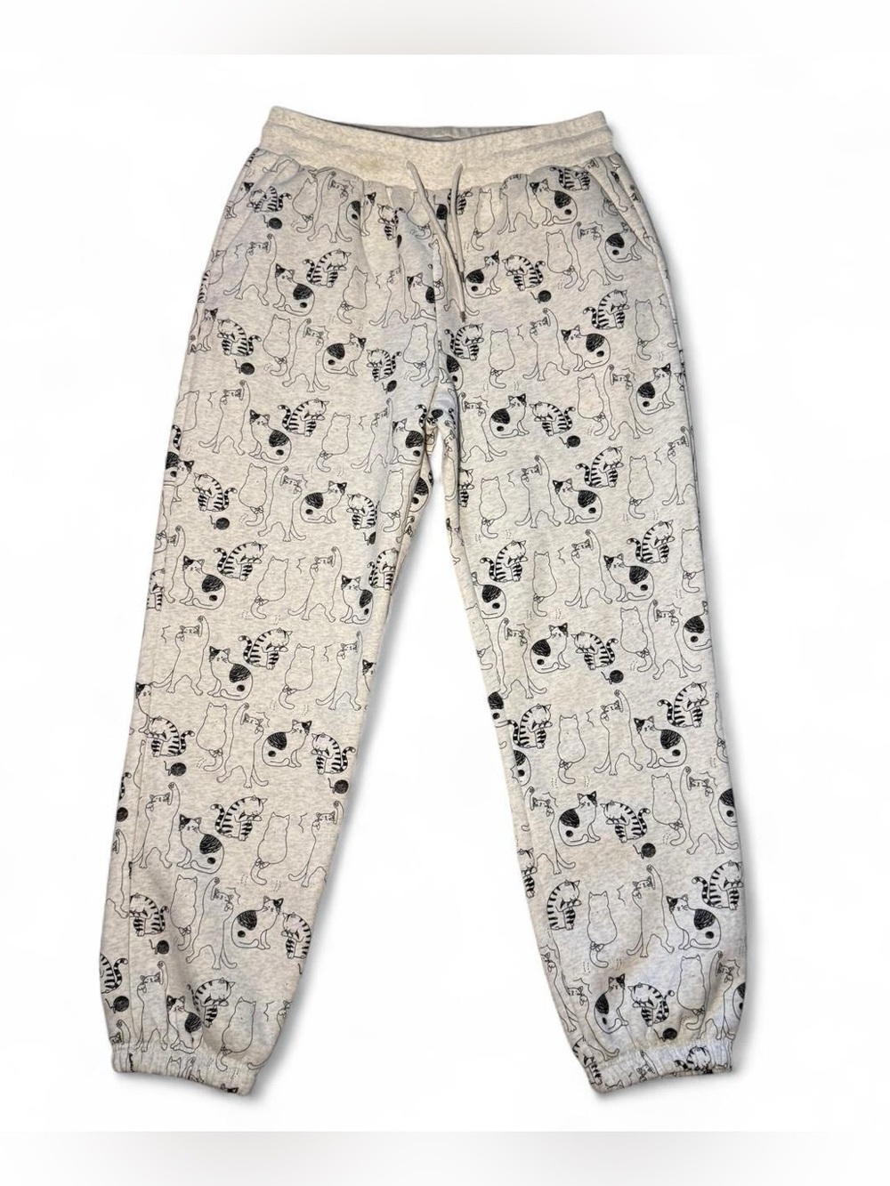 SM Wardrobe grey cat print sweatpants with black cat illustrations, size L 🔹